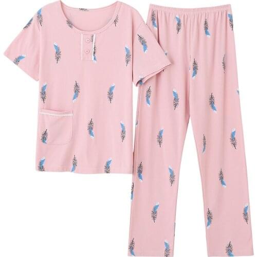 Full Pure Cotton Womens Casual Sleepwear Pajamas Sets Fashion Print Home Wear Service Suit Plus Size 4XL Nighwear Outfits