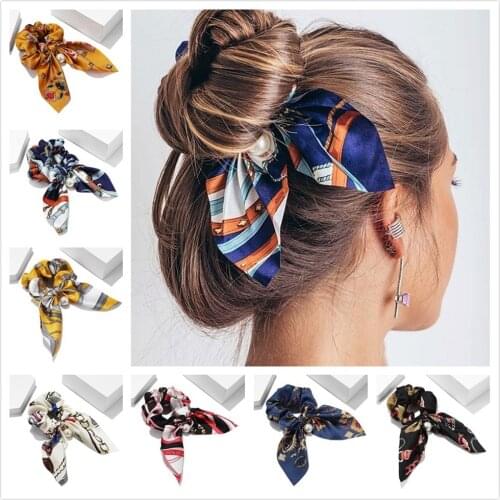 Fashion Chiffon Bowknot Elastic Hair Bands for Women Girls Pearl Scrunchies Headband Hair Ties Ponytail Holder Hair Accessories
