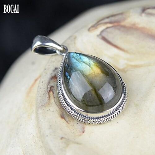 S925 solid sterling silver inlaid twisted wire natural labrador Thai silver pendant female models drop-shaped pendant
