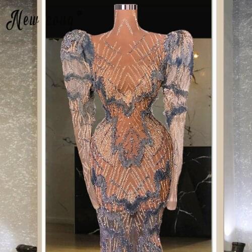 Sexy High Neck Rude Mesh Evening Gowns Perspective Sparkly Puff Shoulder Evening Dresses for Women Party Birthday Celebrate