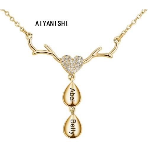 AIYANISHI 925 Silver Personalized Waterdrop Name Necklaces Elk Custom Name Heart Pendant Necklaces Family Mother Christmas Gifts