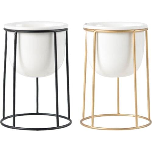 Modern White Ceramic Flower Pots with Iron Frame Stand Holder Home Decoration Succulent Plant Pot