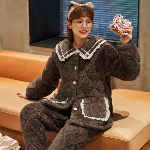 Warm Womens Winter Thickened Coral Velvet Flannel Housewear Three Layer Pajamas Set