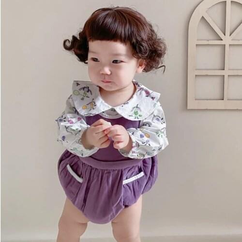 Spring and Autumn Infants and Young Children Girls and Boys Baby Printed Villain Doll Collar Shirt Corduroy Bib Romper