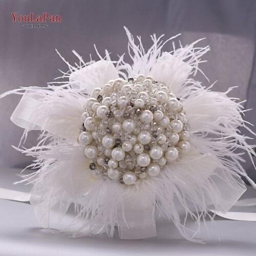 YouLaPan HF03 Handmade ivory pearl feather bridal bouquet wedding brides rhinetone jewelry crystal pearl mini bouquet