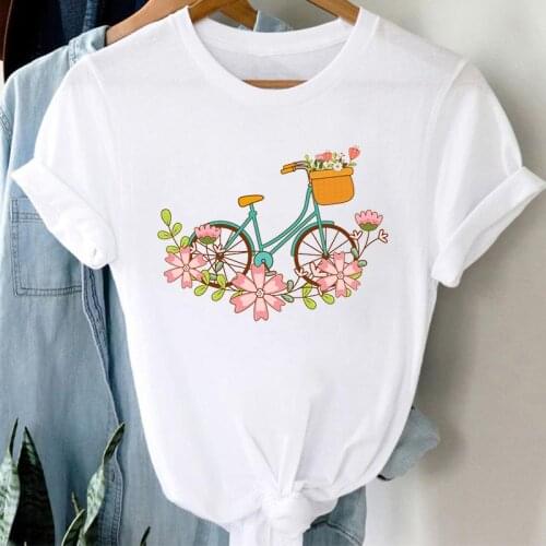 Women T-shirt 2021 Flower bicycle Graphic t shirt Ladies Cartoon Fashion T shirt O-neck Short Sleeve Tees Top Female Oversize