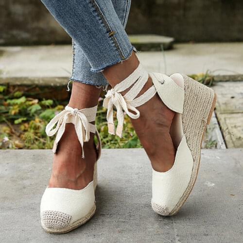 Womens Wedges Espadrilles Sandals Summer 2021 Ankle Cross Strap Gladiator Sandals Woman Casual Hemp Canvas Pumps Shoes