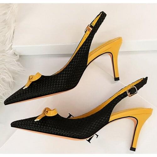 New Women 7.5cm High Heels Slingback Summer Sandals Lady Weave Leather Stripper Sandles Wedding Bridal Low Heels Blue Shoes