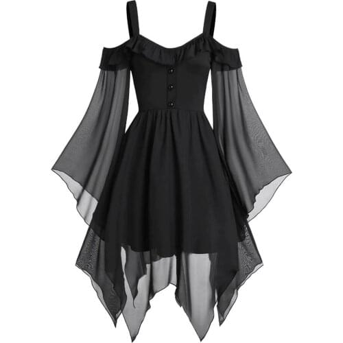 Dresses For Women 2021 Gothic Cold Shoulder Long Flared Sleeve Waist Tight Bandage Party Dress Women Clothing Dress Women Summer