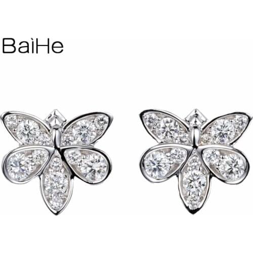 BAIHE Solid 14K White Gold 0.68ct H/SI Natural Diamond Party Trendy Fine Jewelry Beautiful butterfly Stud Earrings for women