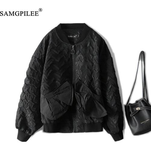 2021 New Autumn Fashion Baseball Uniform Women Stand Collar Cardigan European Stand Collar Bow Pocket Long Sleeve Jackets 4XL