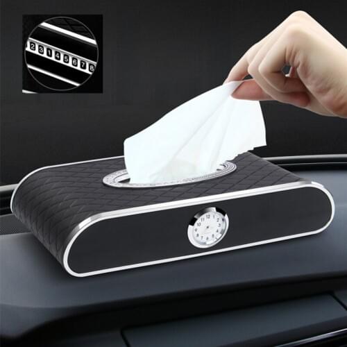 2020 Car Clock Tissue Box Cover Tissue Box holder With Parking Card PU Leather Towel Napkin Holder Block Type Auto Accessories
