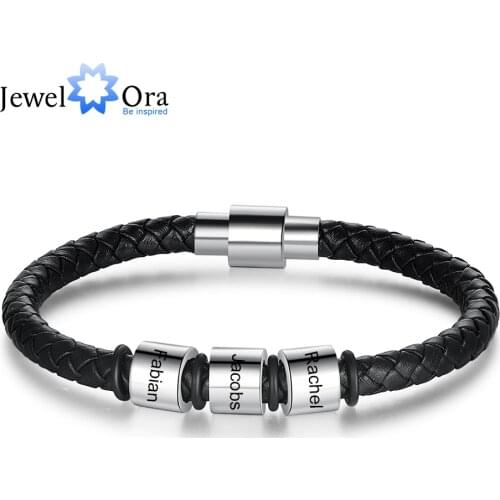 JewelOra Customized Black Leather Bracelets for Men Personalized Stainless Steel Beads Bracelet with Engraved Names Gift for Him