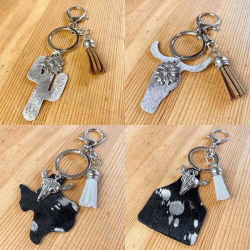 Genuine Leather Star Tauren Cactus Texas Map Cow Tag Cowgirl Keychain 2021 New Metal Tauren Sunflower Velvet Tassel Key Chain