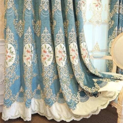 European Luxury Blue Chenille Embroideried Curtains for Living Room Bedroom High-End Villa Curtain Sheer Flower Tulle Valance