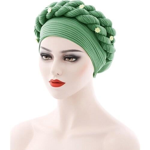 HanXi Luxury Braid Women Bonnet Pearl Rhinestone Muslim Hat Linen Crumpled Twist Caps for Women Party Headscarf