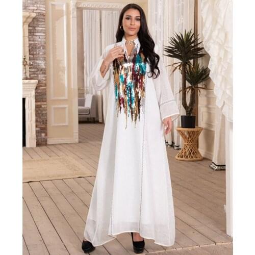 Kaftan Caftan Marocain Abaya Dubai Muslim Fashion Sequins White Dress Turkey Abayas For Women Robe Longue Jelaba Femme Musulman
