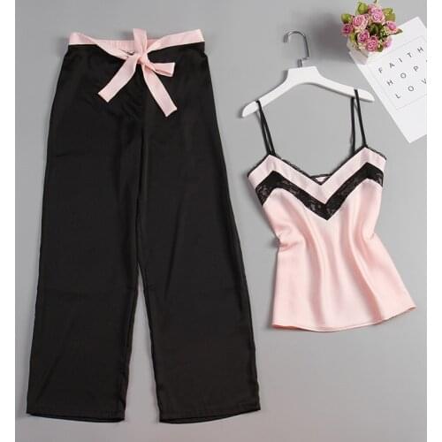 New 2 Piece Woman Pajamas Set Stain Silk Sexy Sleepwear Woman Pink Top And Long Pants Strap Sling Summer Pajama HomeWear MG021