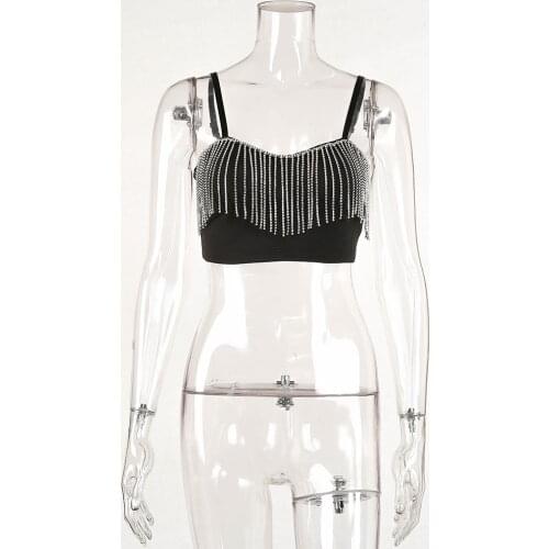 SRUBY Glitter Crop tops Rhinestone Tassel Spaghetti straps Sexy 2020 Summer Women Fashion Club Party Streetwear Female Crop Tops