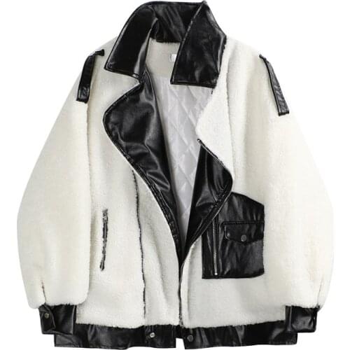 Autumn Winter Lamb Wool Jacket Women Patchwork Leather Coat Lapel Buckle Cool Pilot Thick Warm Loose Motorcycle Jackets Female