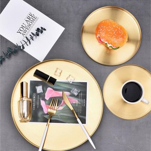 Golden Stainless Steel Storage Tray Luxury Metal Round Plate Kitchen Fruit Food Snack Organizer Tea Cup Cosmetic Tray Home Decor