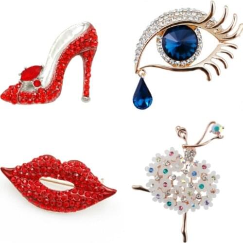 Fashion Jewelry Brooches Eyes Lips Red Crystal Rhinestone Ballet Lapel Pins for Women Corsage Female Wedding Accessories Gifts