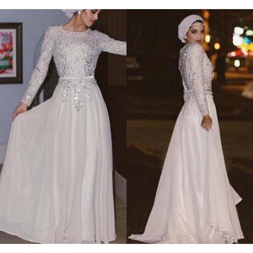 Long Sleeves Muslim Evening Dresses Silver Sequins Crystal Beaded Chiffon Floor Length Shinning Arabic Prom gown evening Dress