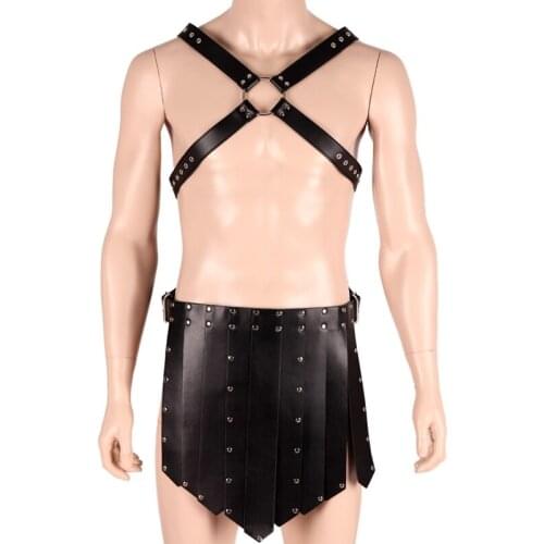 Men 2pcs Body Harness Bondage Underwear Set Sexy Gothic Male Cross Straps Tops And Long Tassel Skirt Club Rave Costume Fetish