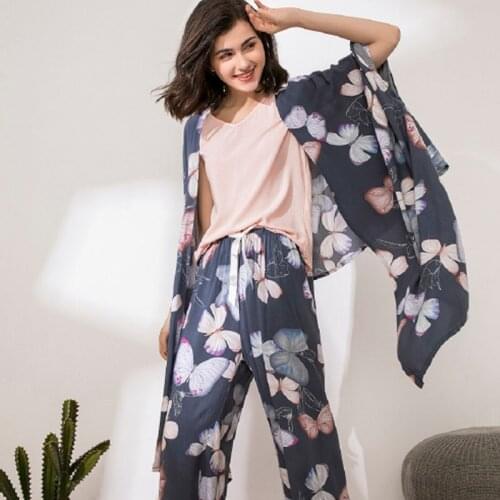 2020 Autumn New Ladies Pajama Set Pink Floral Printe Comfort Loose Thin Cardigan+Top+Pants+Shorts 4Pcs Fresh Style Homewear Set