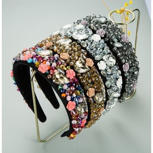 Flower Baroque Rhinestone Padded Headband For Women Shiny Full AB Crystal Handmade Hair Hoop Head Bezel Wrap Hair Accessories