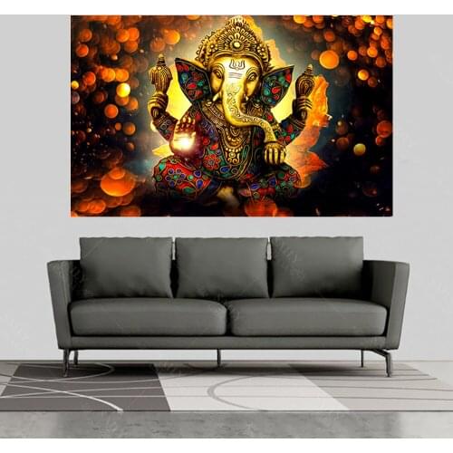 Buddha Poster Vinayaka Ganapati Lord Ganesha Statue Wall Art Canvas Picture for Living Room Home Decor Golden Elephant No Frame
