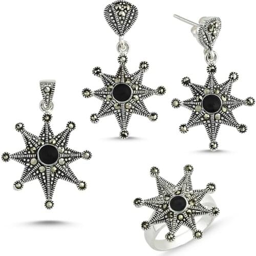 Silver 925 Sterling Marcasite Pendant Earring & Ring Set