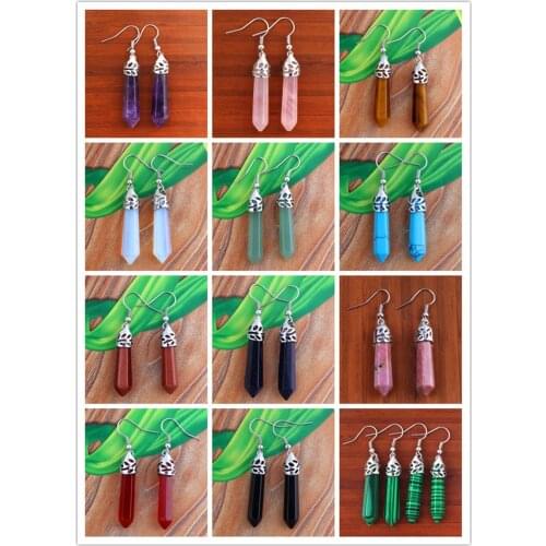 100-Unique 10 Pairs Simple Style Silver Plated Mixed Color Quartz Stone Hexagon Column Dangle Earrings For Women Jewelry