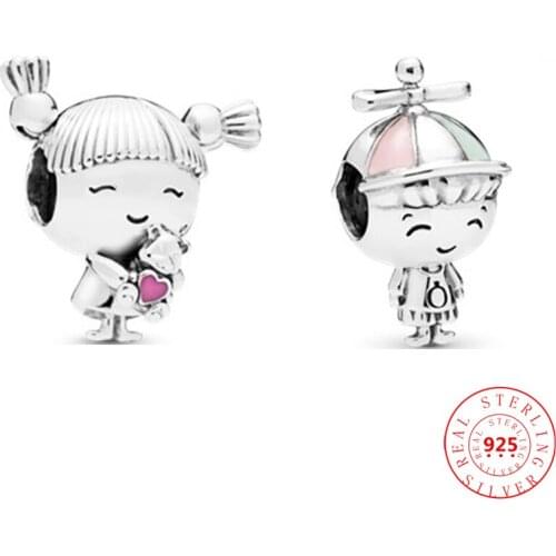 Real 925 Sterling Silver Cute With Pigtails Little Girl and Boy Beads Fit Original Pandora Charm Bracelet Women DIY Fine Jewelry