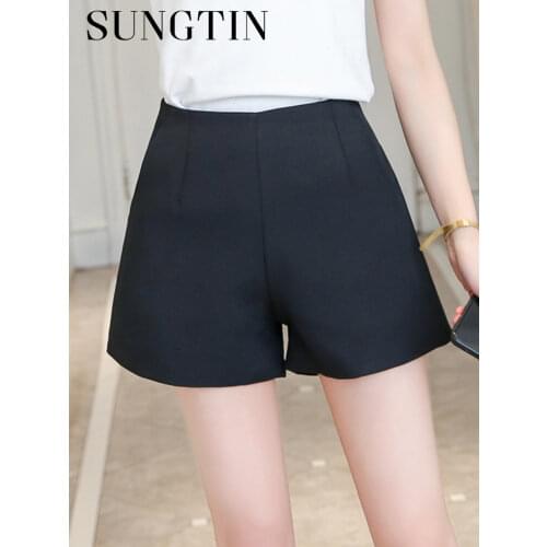 Sungtin Summer Beach Women Shorts High Waist Wide Leg Shorts Black White 2019 New Casual Short Pants Ladies Shorts Pockets