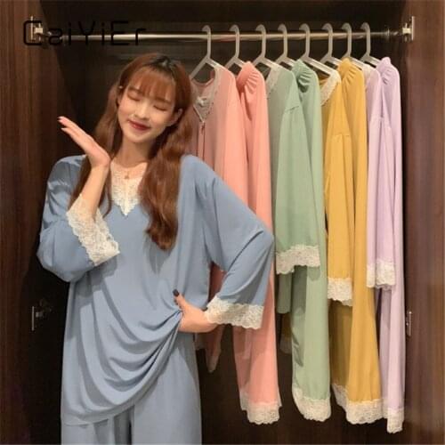 CAIYIER Solid Color Ladies Sleepwear V-Neck Lace Korean Style Homewear Casual Soft Girls Sweet Nightwear Thin Winter Pajamas Set