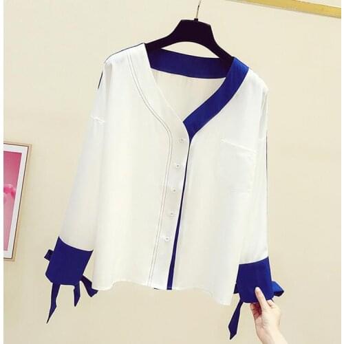 Womens V-neck Shirt Long Sleeve White Blue Blouse Female 2021 Spring New Korean Style All-Match Casual Tops Blusas