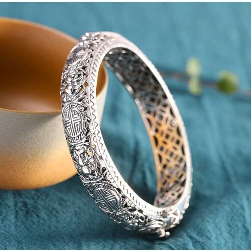 S925 Sterling Silver Cutout Carved Womens Bracelets Open Design