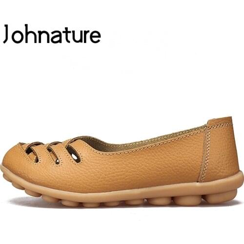 Johnature 2020 New Summer Genuine Leather Round Toe Shallow Hollow Breathable Soft Sole Comfortable Slip-on Women Shoes Pumps