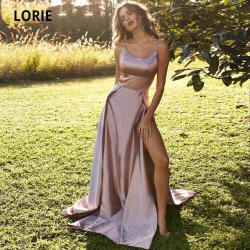 LORIE Simple Blush Pink Satin Prom Gowns Long Plus Size Formal Evening Dresses with High Split 2020 New Spaghetti Strap Dress