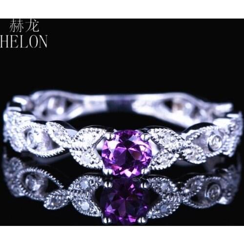 HELON Solid 14K White Gold AU585 Flawless 4mm Round Cut Natural Amethyst Diamonds Engagement Ring Women Valentines Day Gift