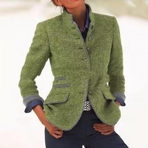Women Clothing Long Sleeve Button Stand Collar Autumn Winter Slim Woolen Coat Jacket