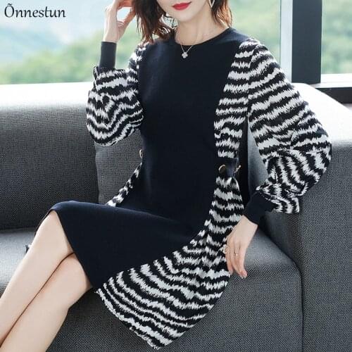 Print Long Sleeve Dress 2021 Patchwork Dresses For Women Black Knitting Pullover Casual Loose Plus Size Women Dresses
