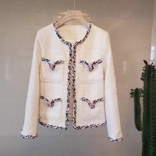 2020 Autumn Winter White Tweed Jacket Coat Women Rainbow Side Long Sleeve Black Small Fragrant Wind Short Coat Elegant Overcoat