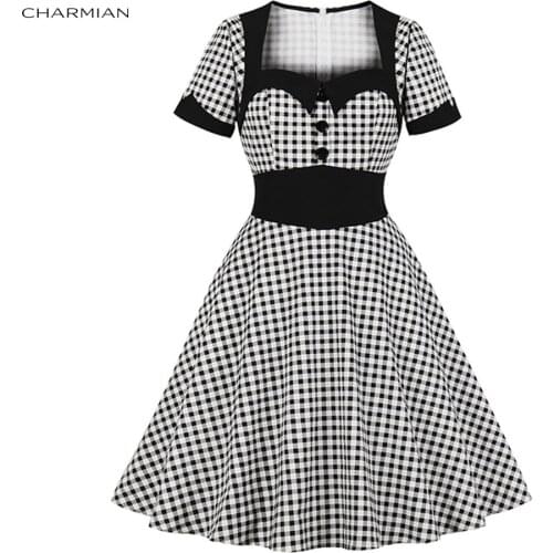Charmian Womens Vintage Black and White Check Lapel Short Sleeve High Waist A-line Midi Dress