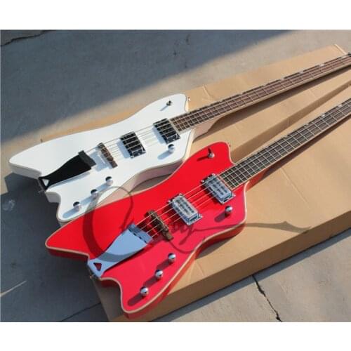 Free shipping 4 string electric bass guitar,irregular body,white red bass,white binding fixed bridge,HH pickups,chrome buttons