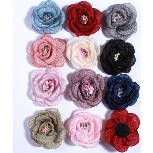 5PCS 5CM Newborn Artificial Bling Burned Peony Flower For Headband Fabric Flowers For Hair Clips Accessories
