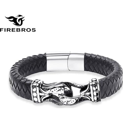 FIREBROS 2021 Magnetic Clasp Stainless Steel Link Chain 12mm Genuine Leather ID Bracelet Men Vintage Punk Jewelry Gift Accessory