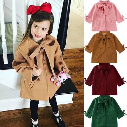 3-8T Toddler Kids Wool Bowknot Coat Jacket Autumn Spring Baby Girls Warm Solid Long Sleeve Overcoat Outwear