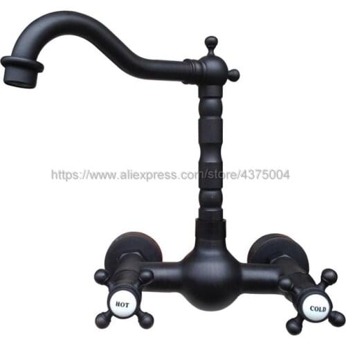 Dual Cross Handles Wall Mounted Oil Rubbed Bronze Hot&Cold Bathroom Kitchen Basin Sink swivel Faucet Mixer Tap Nnf525